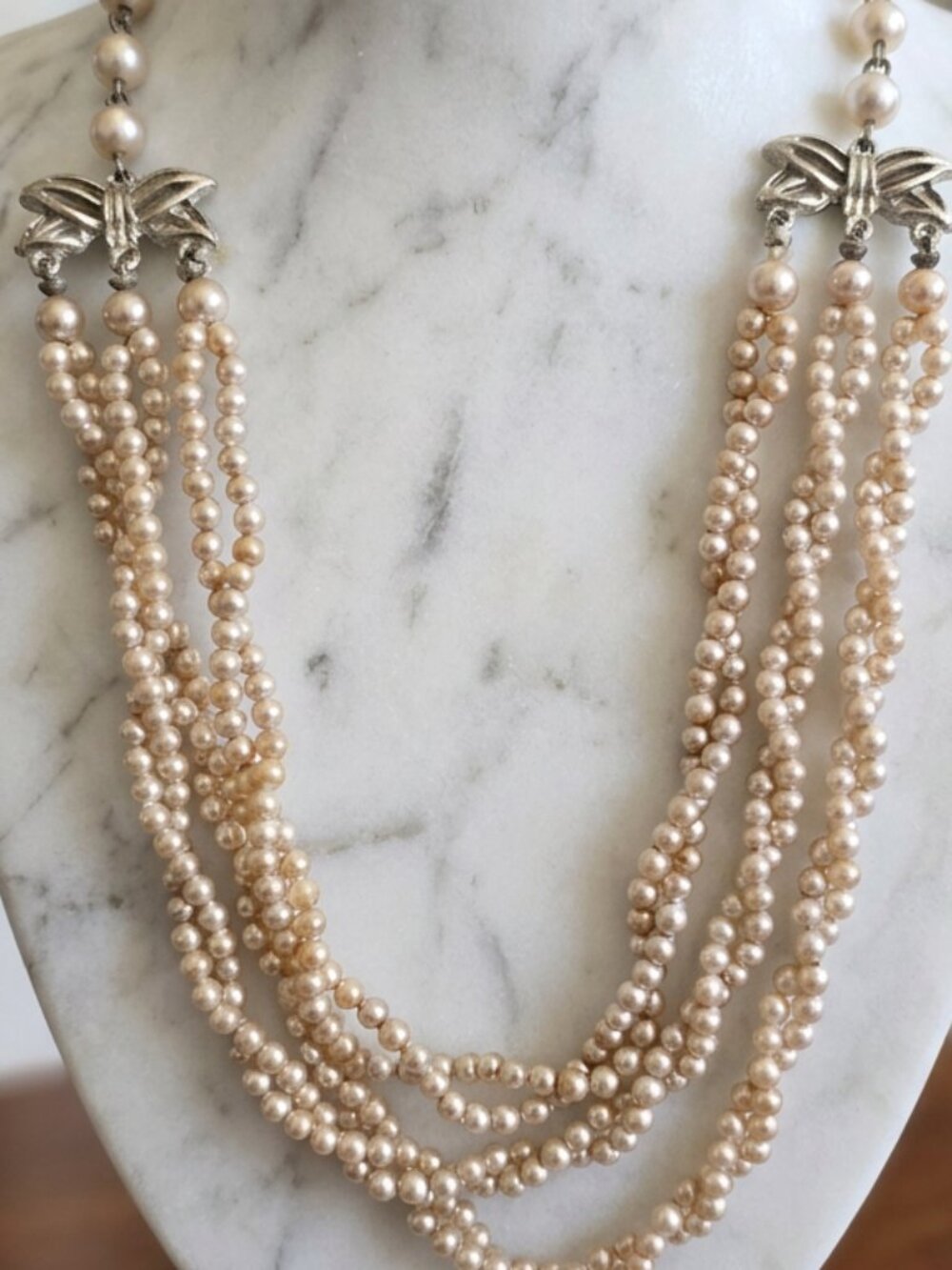 Vintage Japan Triple Strand Faux Pearl Necklace choker silver tone